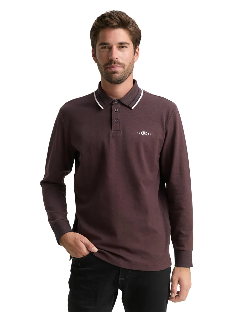 tom-tailor-herren-langarm-piqu-poloshirt-mit-logo-print image 1